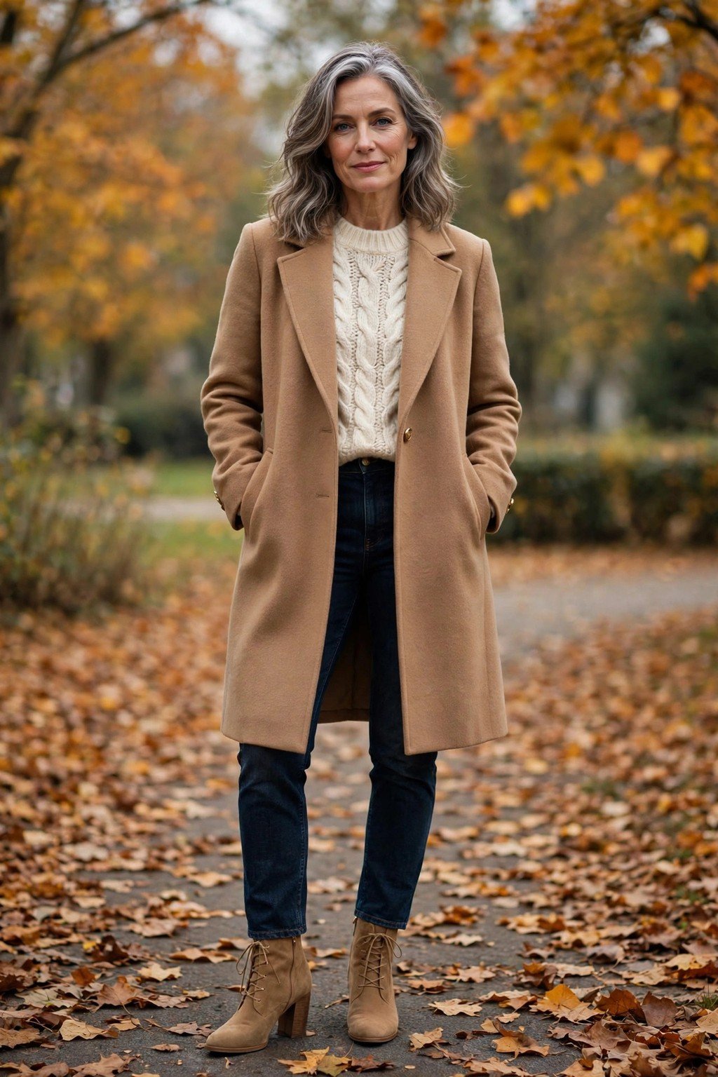 Fall outfit 1: camel coat with cream knit and dark jeans