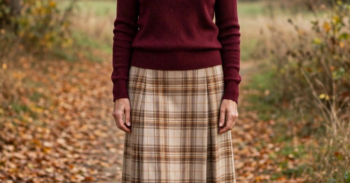 Fall outfit 2: burgundy sweater with plaid midi skirt