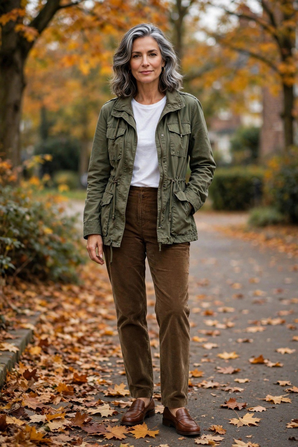 Fall outfit 3: olive utility jacket with corduroy trousers