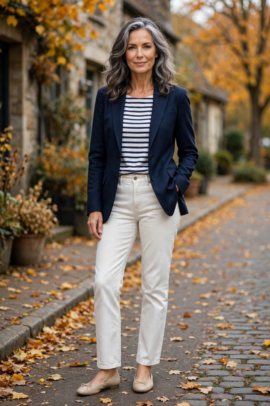 Fall outfit 4: navy blazer with breton stripe top