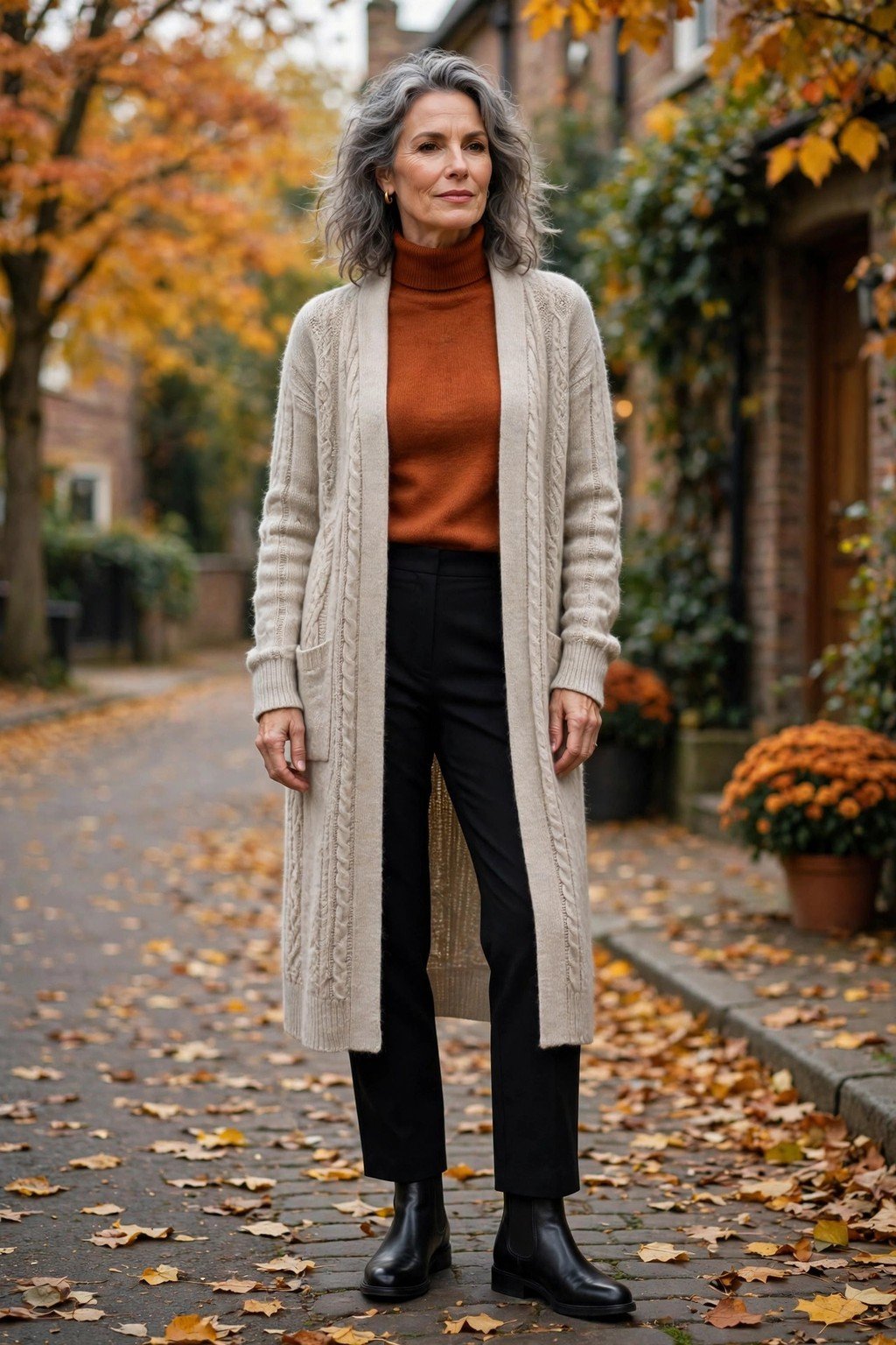 Fall outfit 5: oatmeal cardigan with rust turtleneck