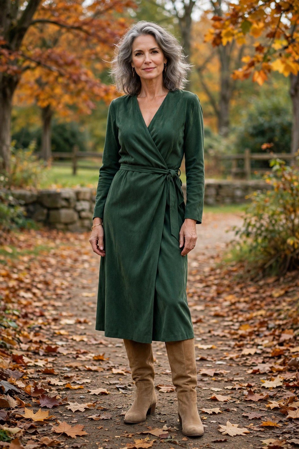 Fall outfit 7: forest green wrap dress with tan boots