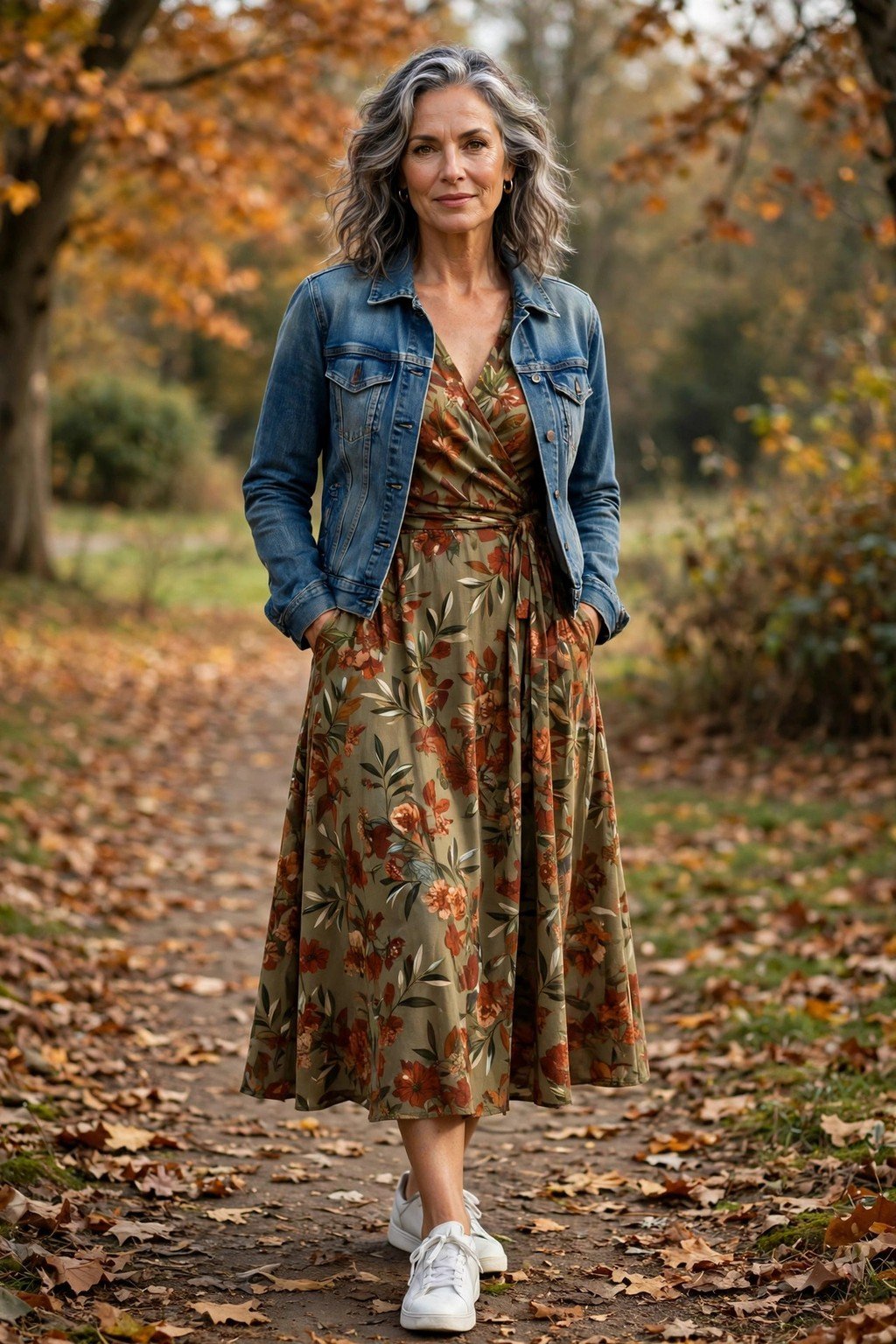 Fall outfit 8: denim jacket with floral midi dress
