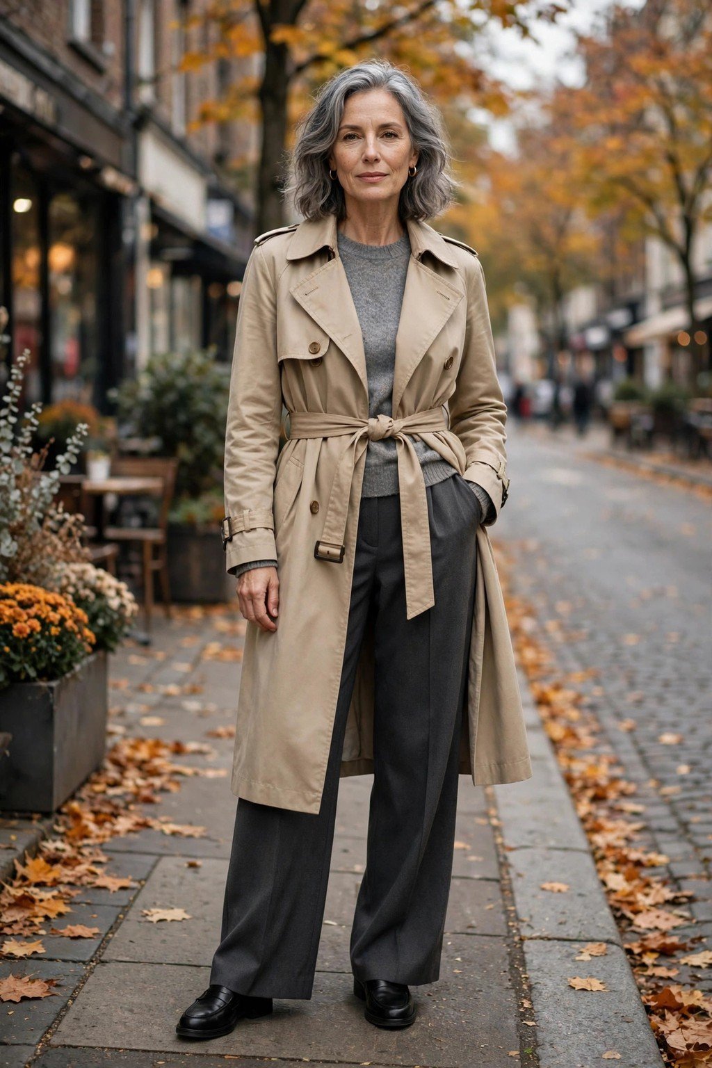 Fall outfit 9: beige trench with charcoal wide-leg trousers