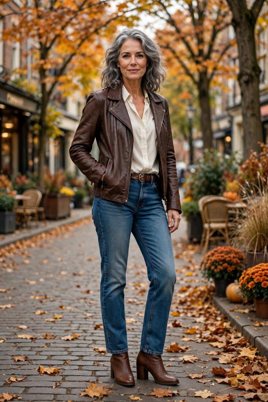 Fall outfit 11: chocolate leather jacket with ivory blouse