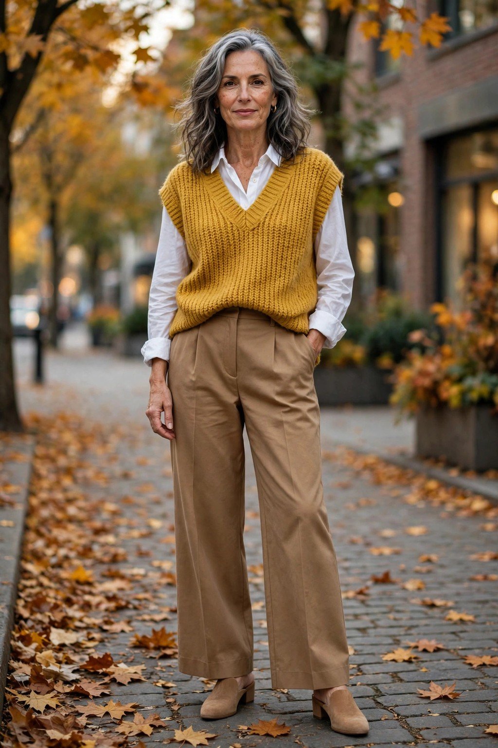 Fall outfit 12: mustard knit vest with camel wide-leg trousers