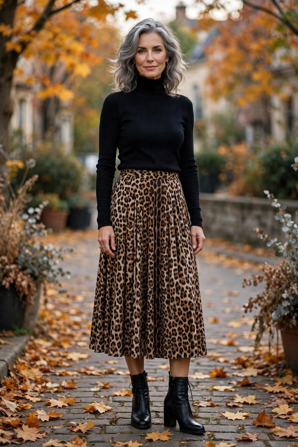 Fall outfit 13: black turtleneck with leopard midi skirt