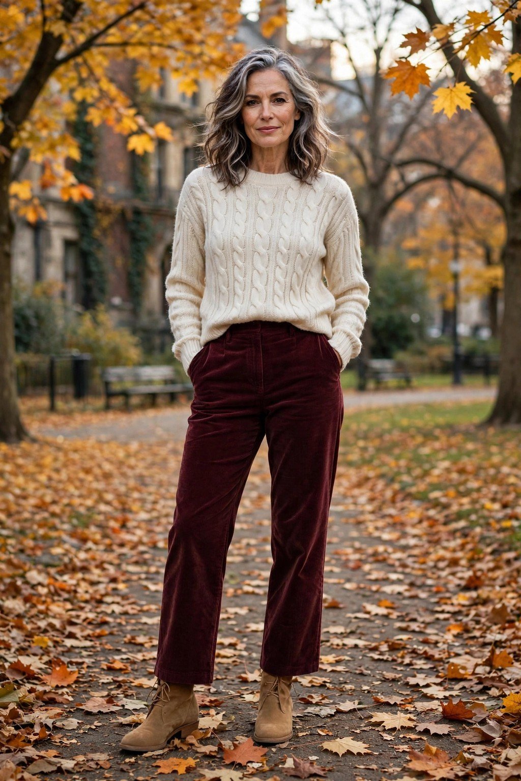 Fall outfit 14: cream cable knit with burgundy corduroys