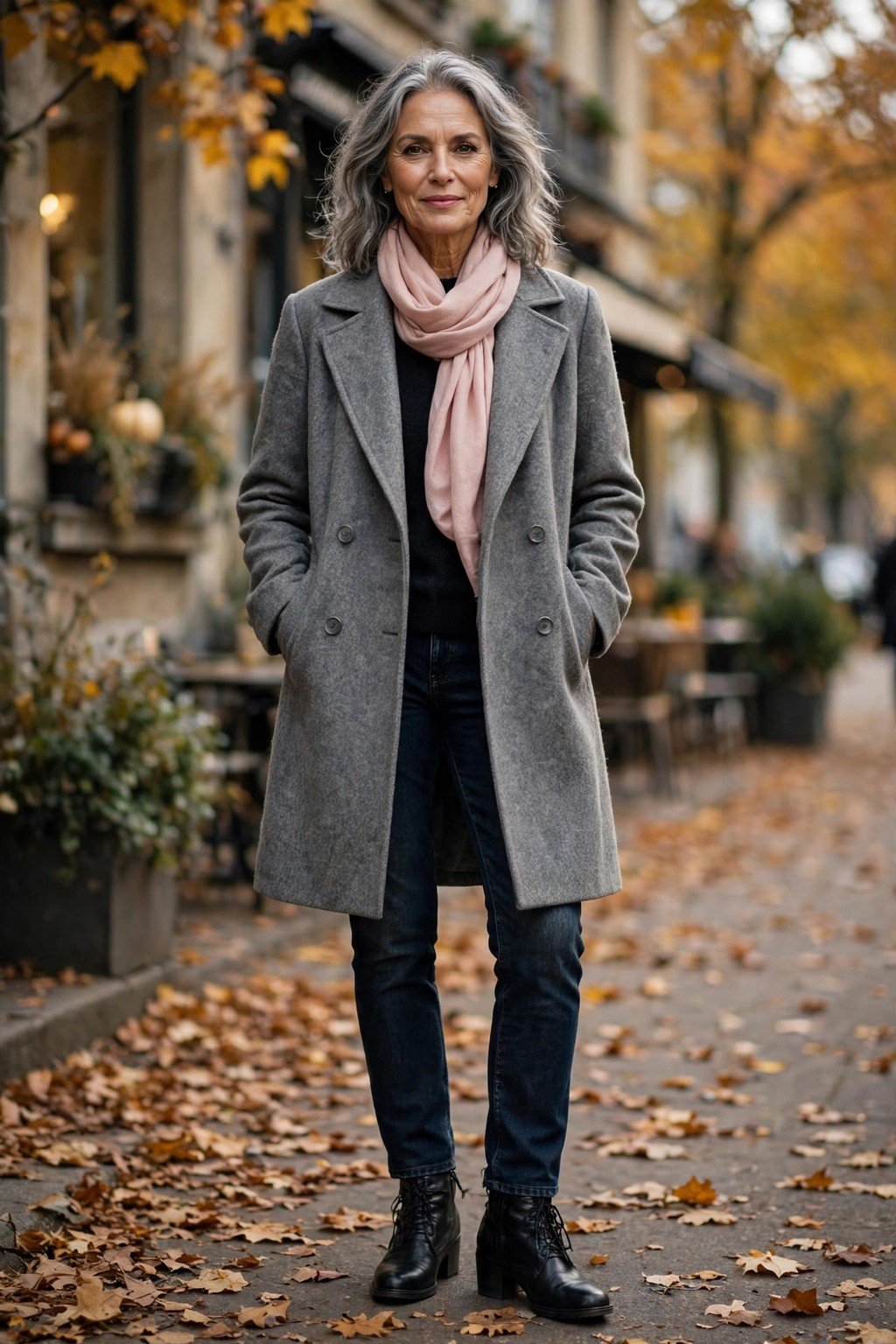 Fall outfit 15: gray wool coat with blush scarf