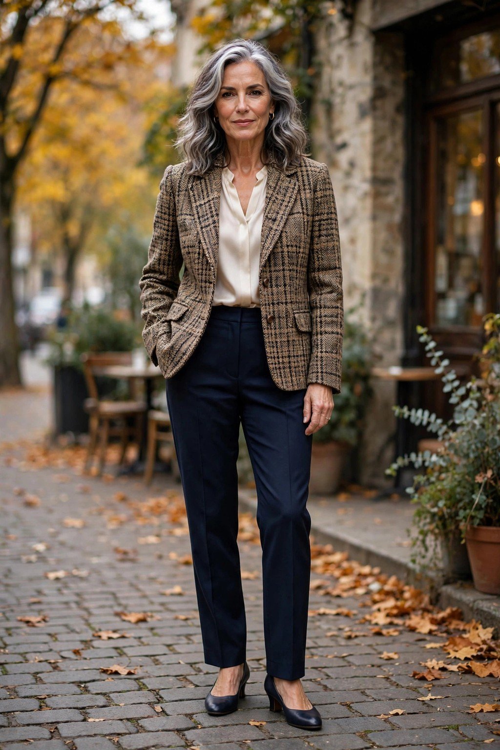 Fall outfit 16: tweed jacket with silk blouse