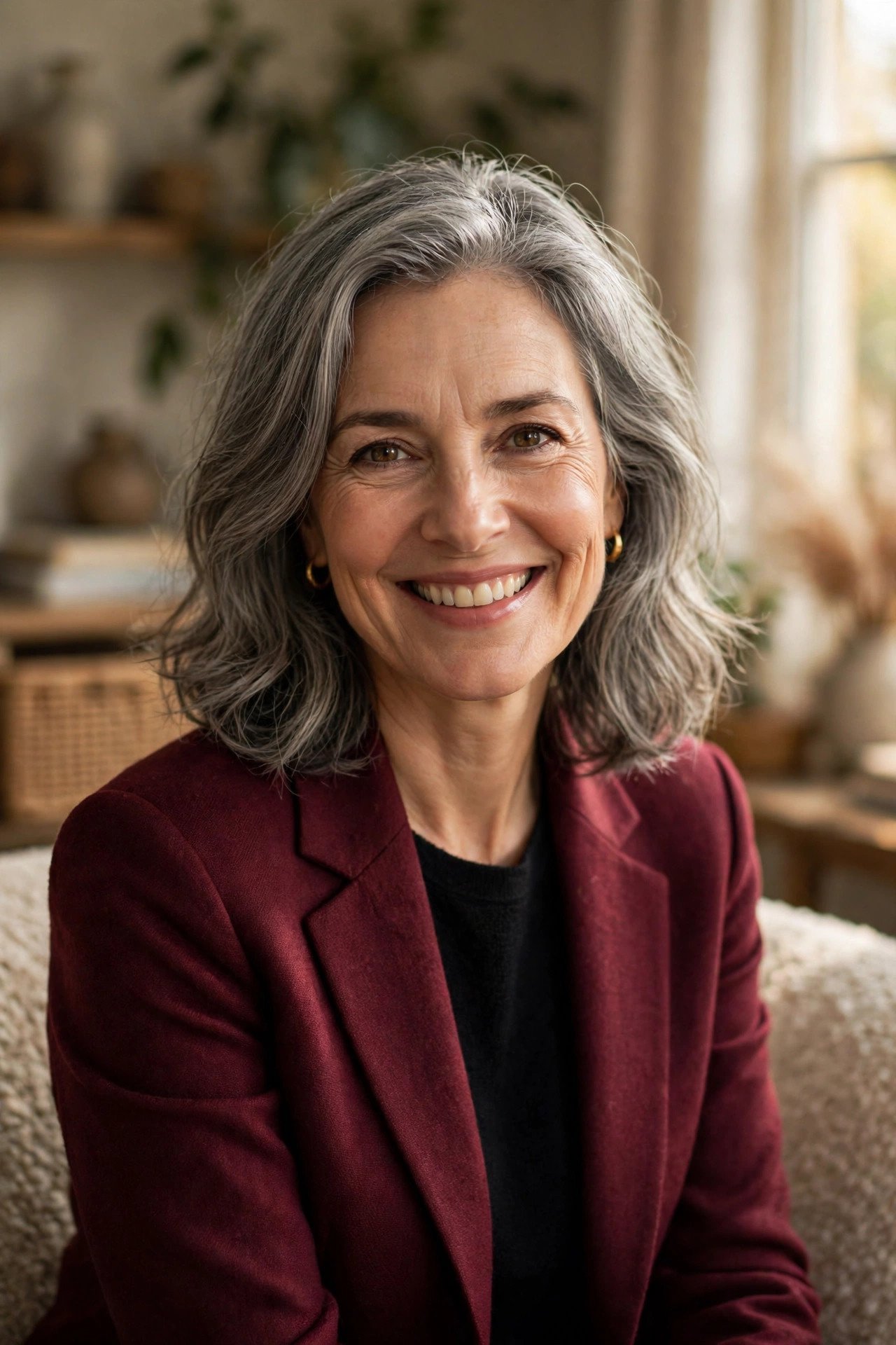 Warm portrait of a smiling woman in her 50s with silver-streaked hair