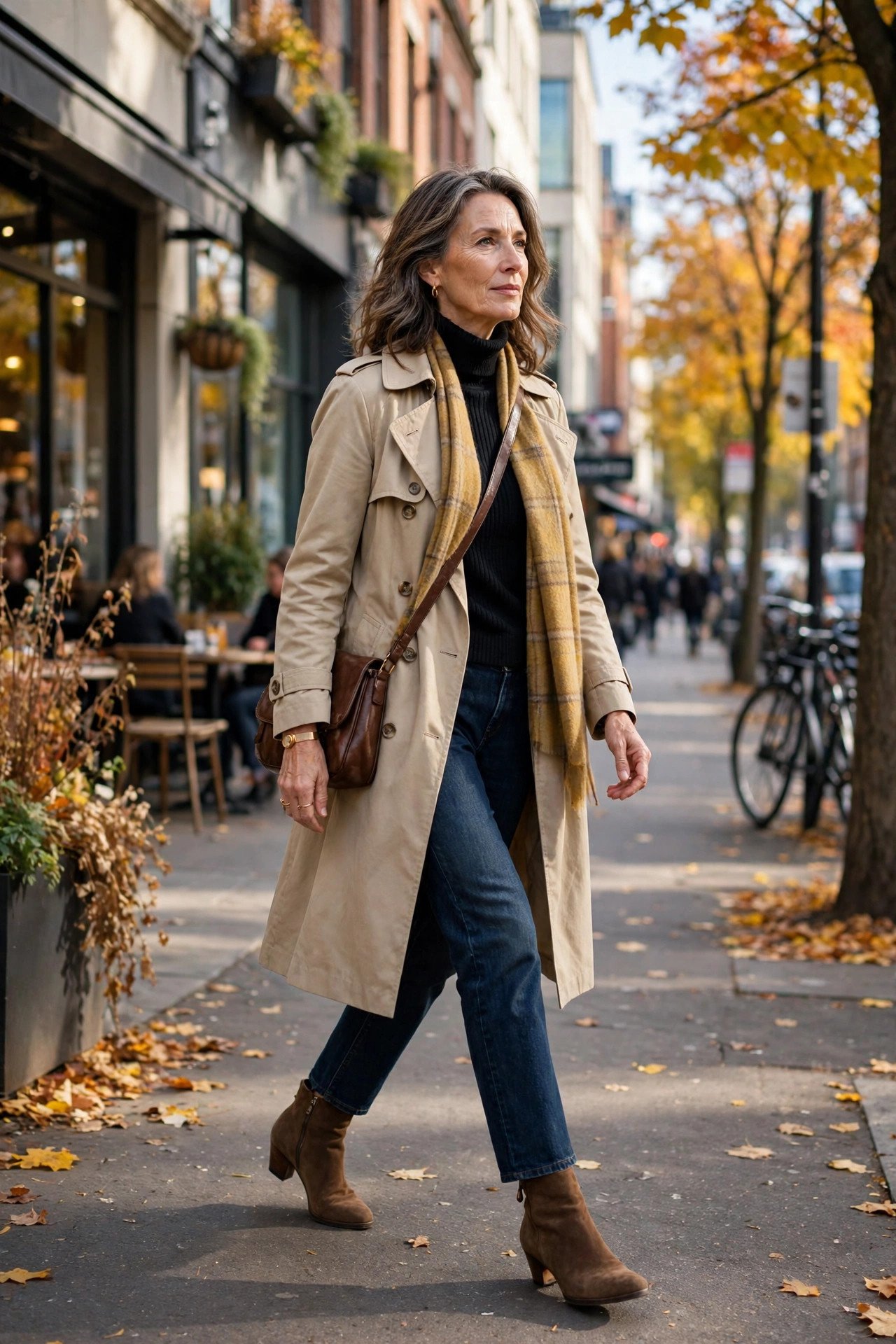 Confident woman over 50 wearing a chic trench coat on a city street — street-style outfit inspiration