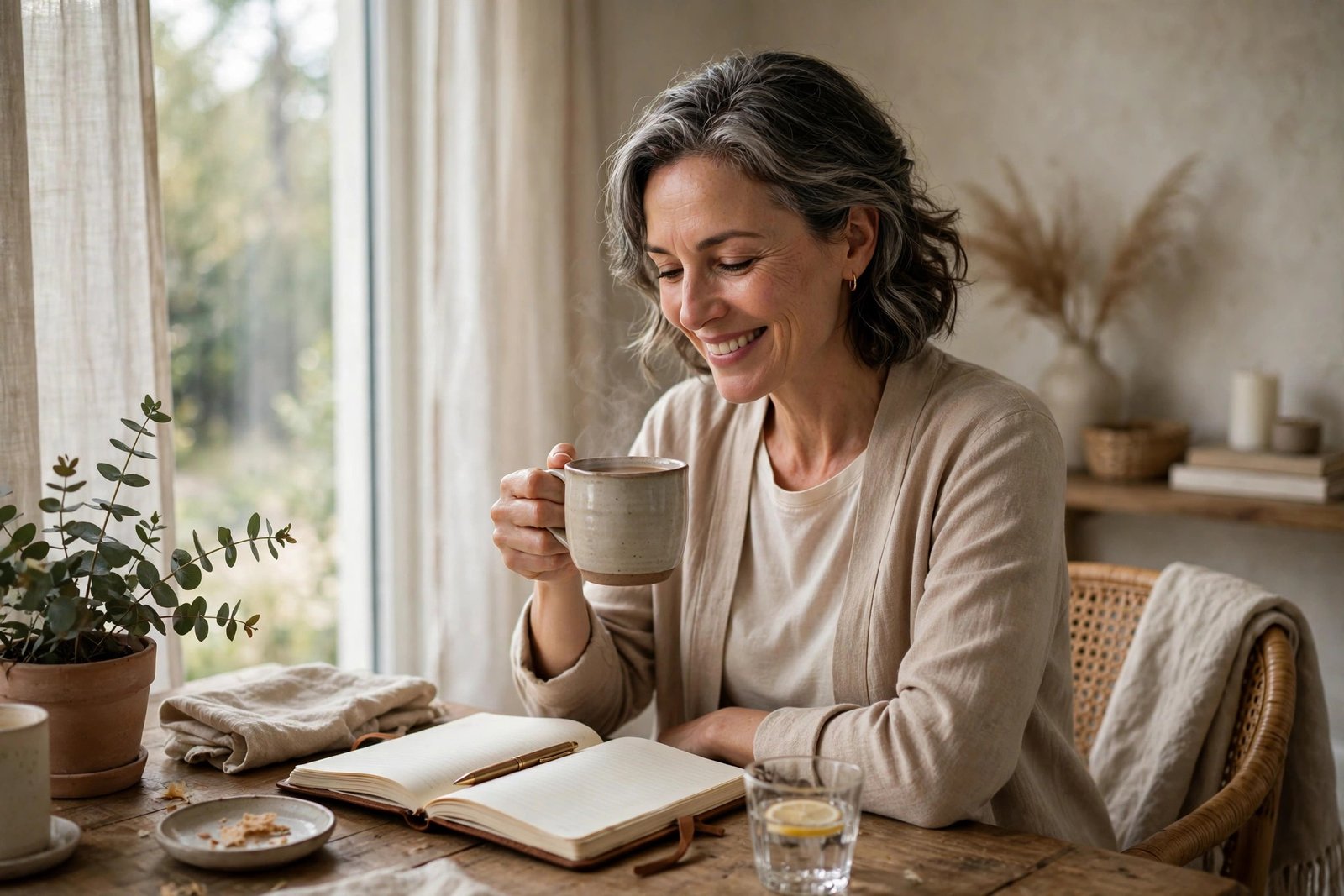 Woman in her 50s enjoying a quiet coffee moment, reflecting on personal growth and confidence