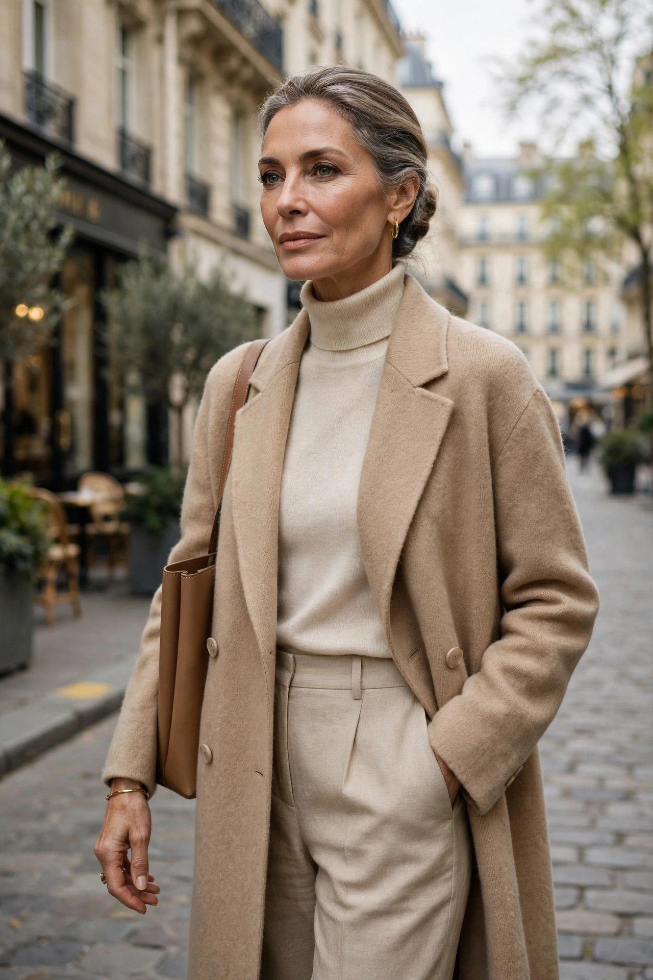 Stylish woman over 50 in a beige coat, showcasing current fashion trends and aesthetics