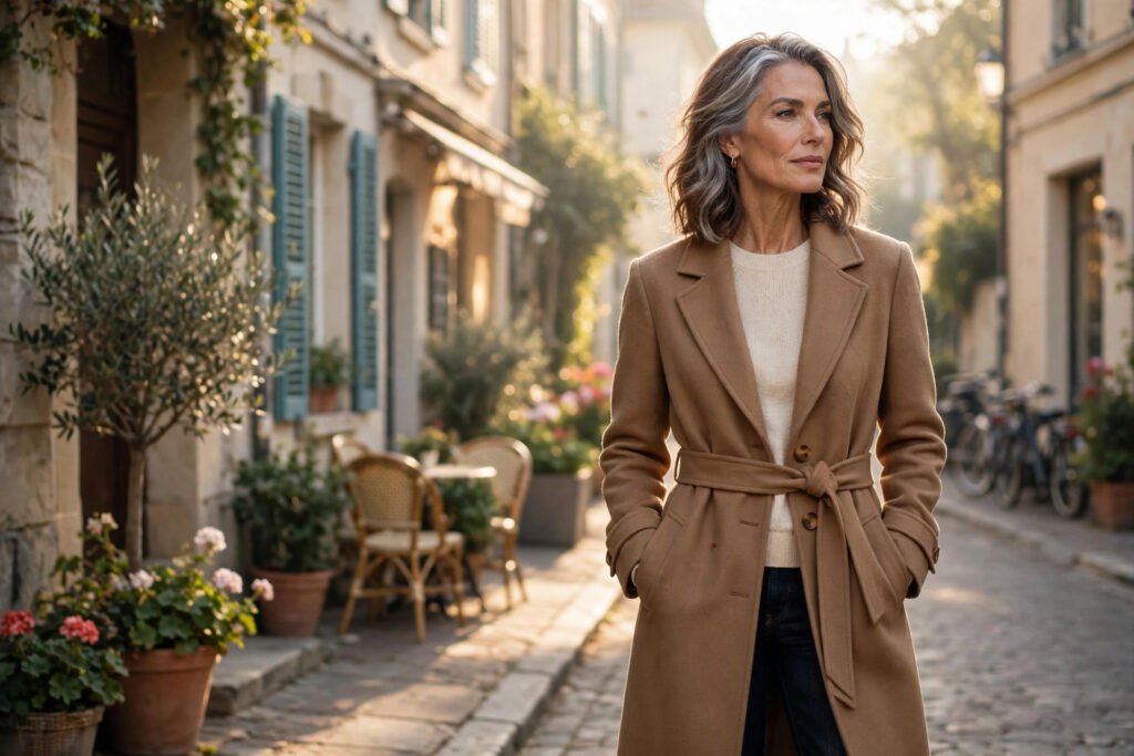 Confident, stylish woman in her 50s smiling in an elegant, modern outfit